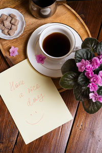 High angle view of coffee on table