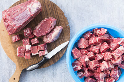 High angle view of meat on table