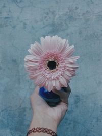 Low section of man holding flower