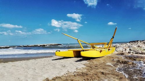 Boat in sea against clear sky