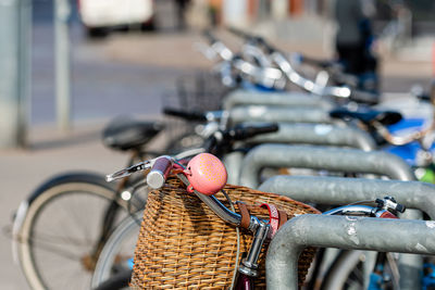 Close-up of bicycle in basket on street