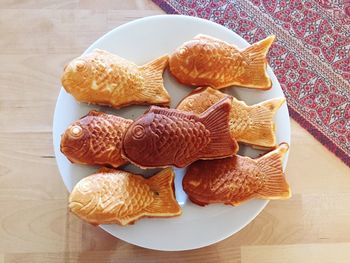 High angle view of bread in plate on table