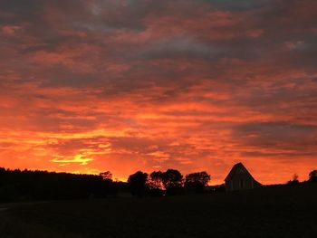 Silhouette of trees on landscape at sunset