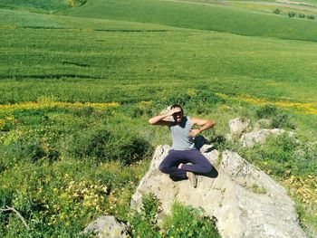 High angle view of man standing on field