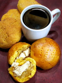 High angle view of breakfast on table