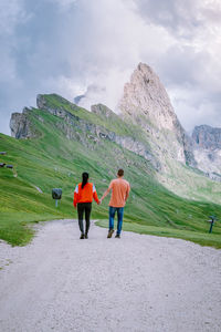 Rear view of couple holding hands looking at mountain