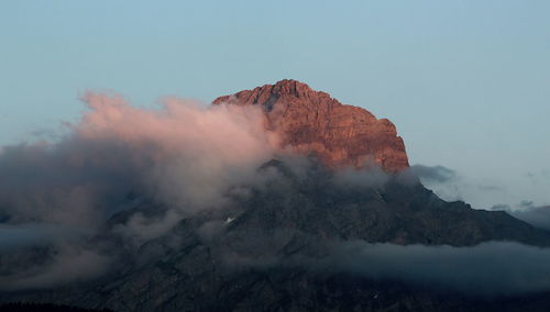Smoke emitting from volcanic mountain against sky