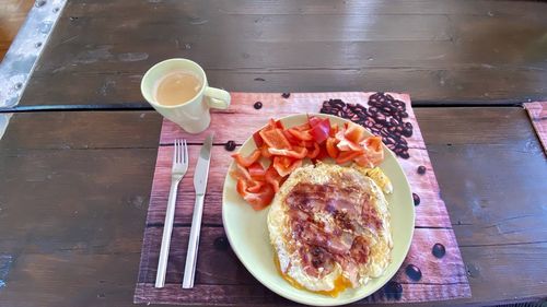 High angle view of breakfast served on table
