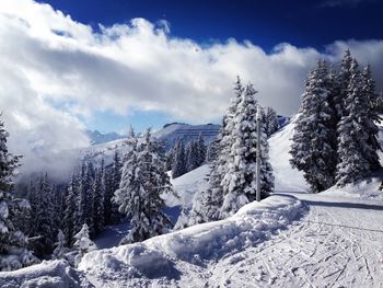 Snow covered landscape against cloudy sky