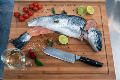 High angle view of seafood on table