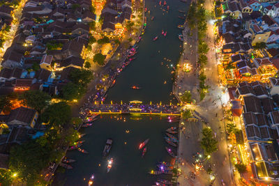 High angle view of illuminated buildings at night