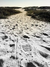 Close-up of sand on beach against sky