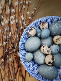 High angle view of eggs on table