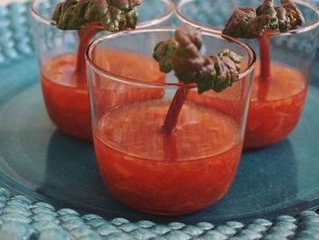 Close-up of rhubarb soup served in glasses