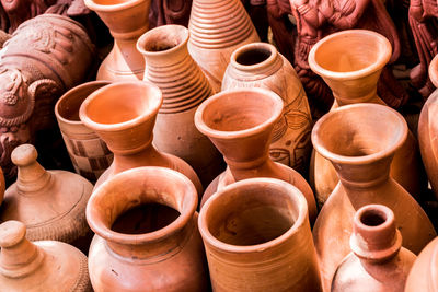 High angle view of earthenware pots