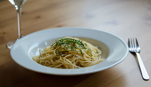 Close-up of spaghetti in plate