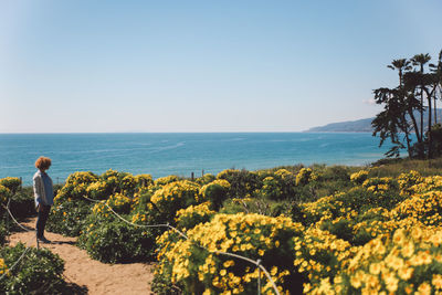 Side view of mid adult woman standing by yellow flowers against sea