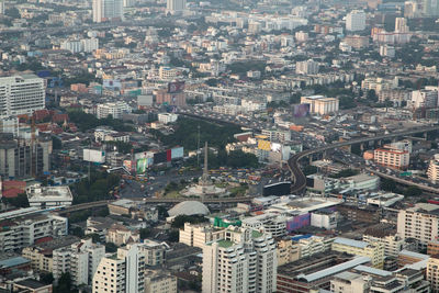 High angle view of modern buildings in city