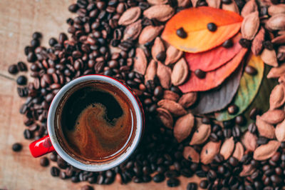 High angle view of coffee beans on table