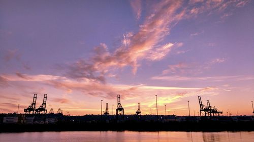 Scenic view of harbor against sky during sunset