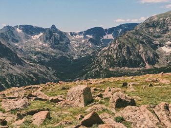 Scenic view of rocky mountains against sky