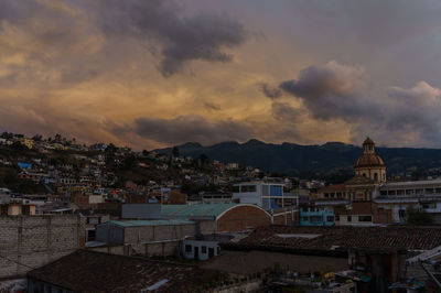 High angle view of townscape against sky at sunset