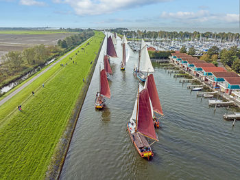 High angle view of boats in sea