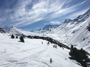 Scenic view of snow covered mountains against sky