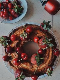 High angle view of fruits in plate on table