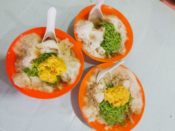 High angle view of breakfast served on table