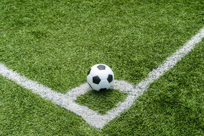 High angle view of soccer ball on field