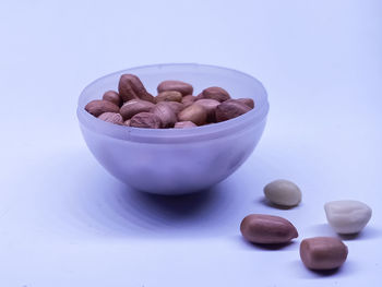 High angle view of eggs in bowl on table