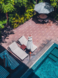 High angle view of bench in park