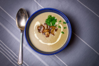 High angle view of soup in bowl on table