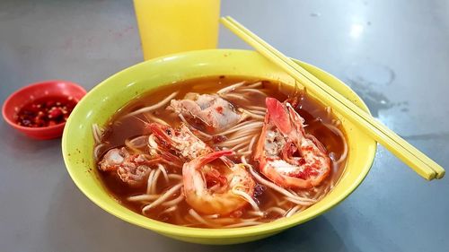 High angle view of noodles in bowl on table