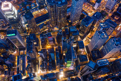 Aerial view of illuminated buildings at night