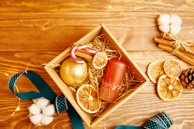 High angle view of christmas decorations on table
