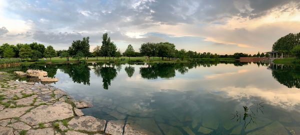 Scenic view of lake against sky during sunset