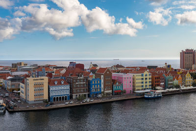 Buildings by river against sky in city