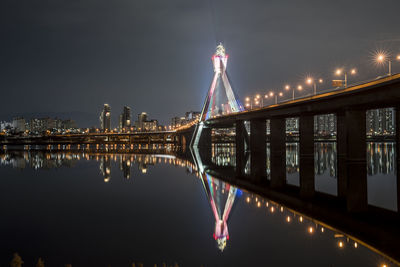 Illuminated bridge over river at night