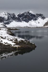 Scenic view of lake and snowcapped mountains against sky