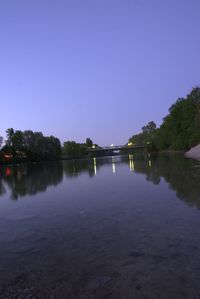 Scenic view of lake against clear blue sky