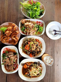 High angle view of food served on table