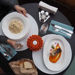 High angle view of meal served on table