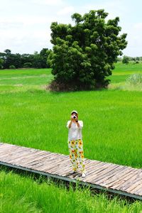Portrait of woman photographing on boardwalk amidst rice paddy field