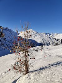 Scenic view of snow covered mountains against clear blue sky