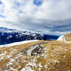 Scenic view of snowcapped mountains against sky