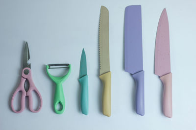 High angle view of work tools or cutting tool on white background