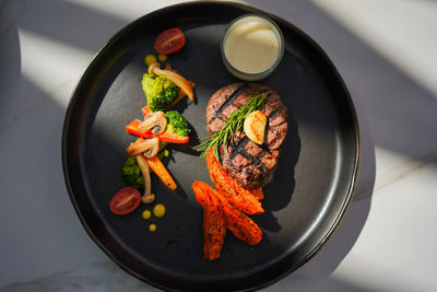 High angle view of food in plate on table