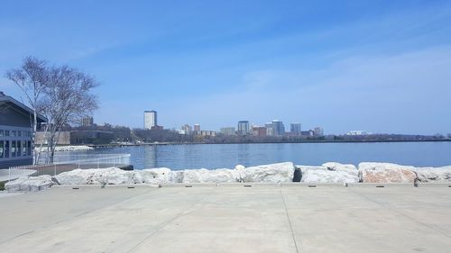 River against built structures